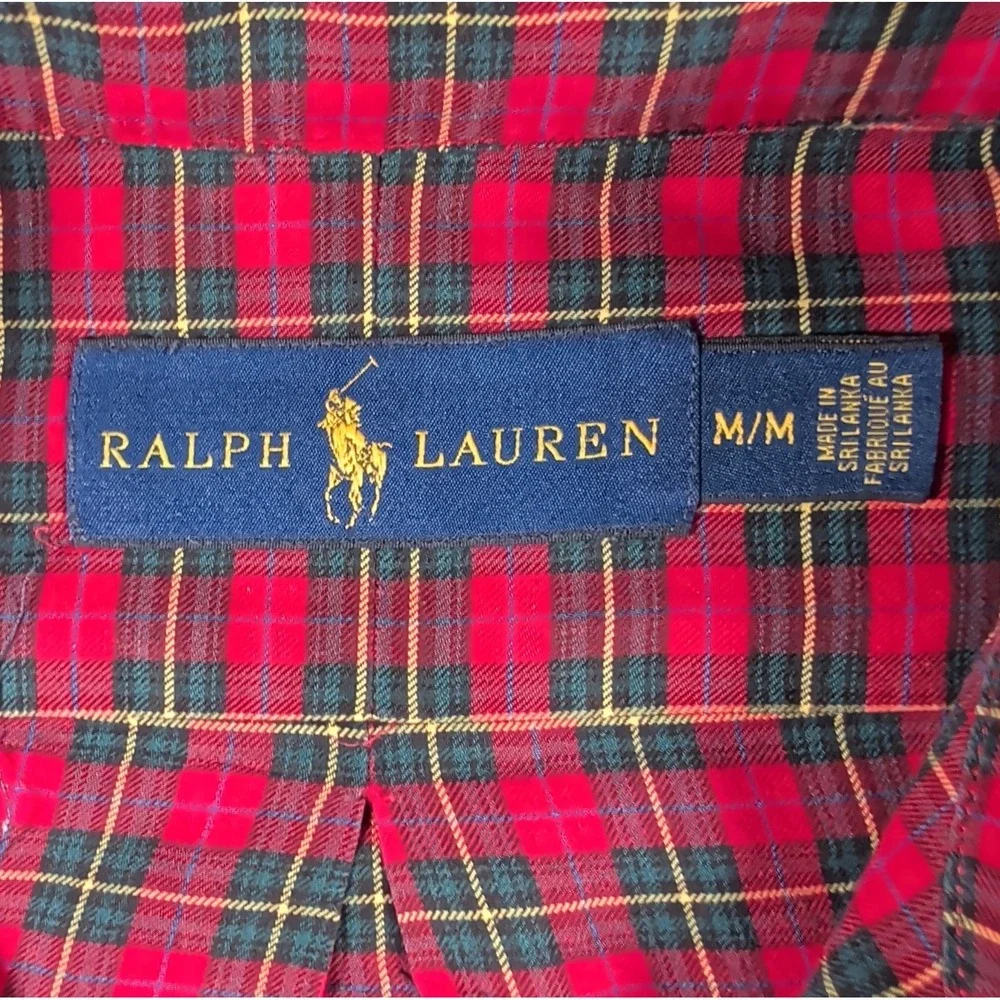 VTG 90s RALPH LAUREN Mens Size M Green Red Tartan Check Plaid Pony Button Down